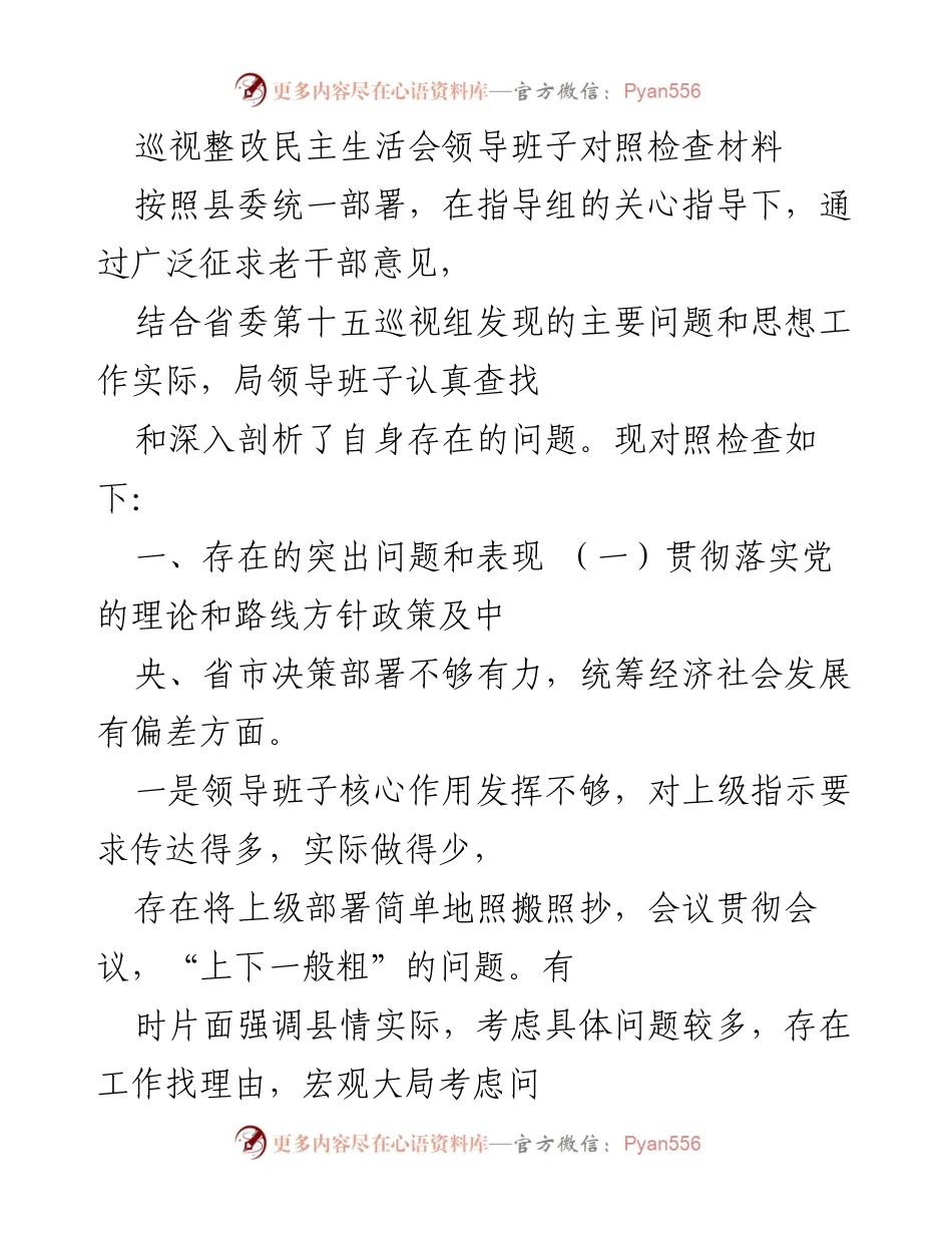[发言] 巡视整改民主生活会 - 领导班子对照检查及整改措施分析.docx_第1页