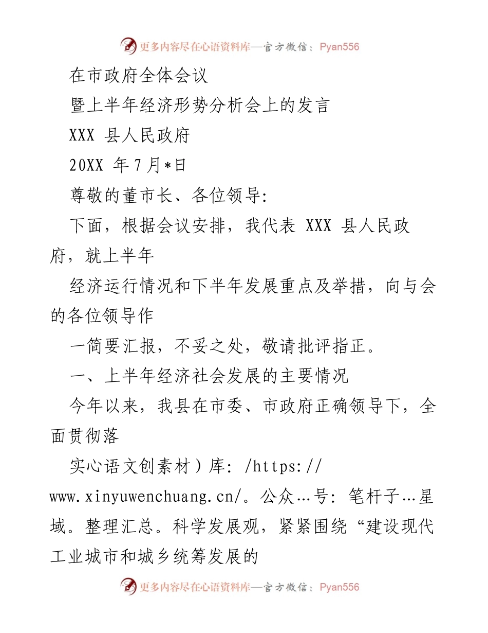 [发言] 市政府全体会议 - 上半年经济形势分析及下半年发展举措汇报.docx_第1页