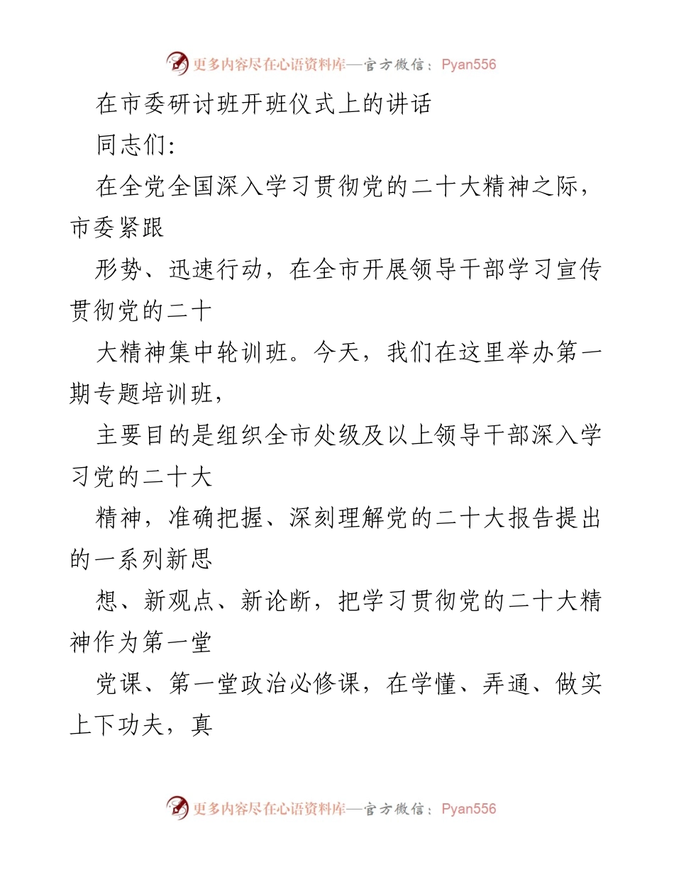 [发言] 市委研讨班开班仪式 - 深入学习贯彻党的二十大精神的重要性与意义.docx_第1页