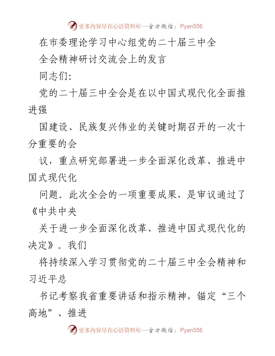 [发言] 市委理论学习中心组 - 深入学习贯彻党的二十届三中全会精神，推动中国式现代化建设.docx_第1页