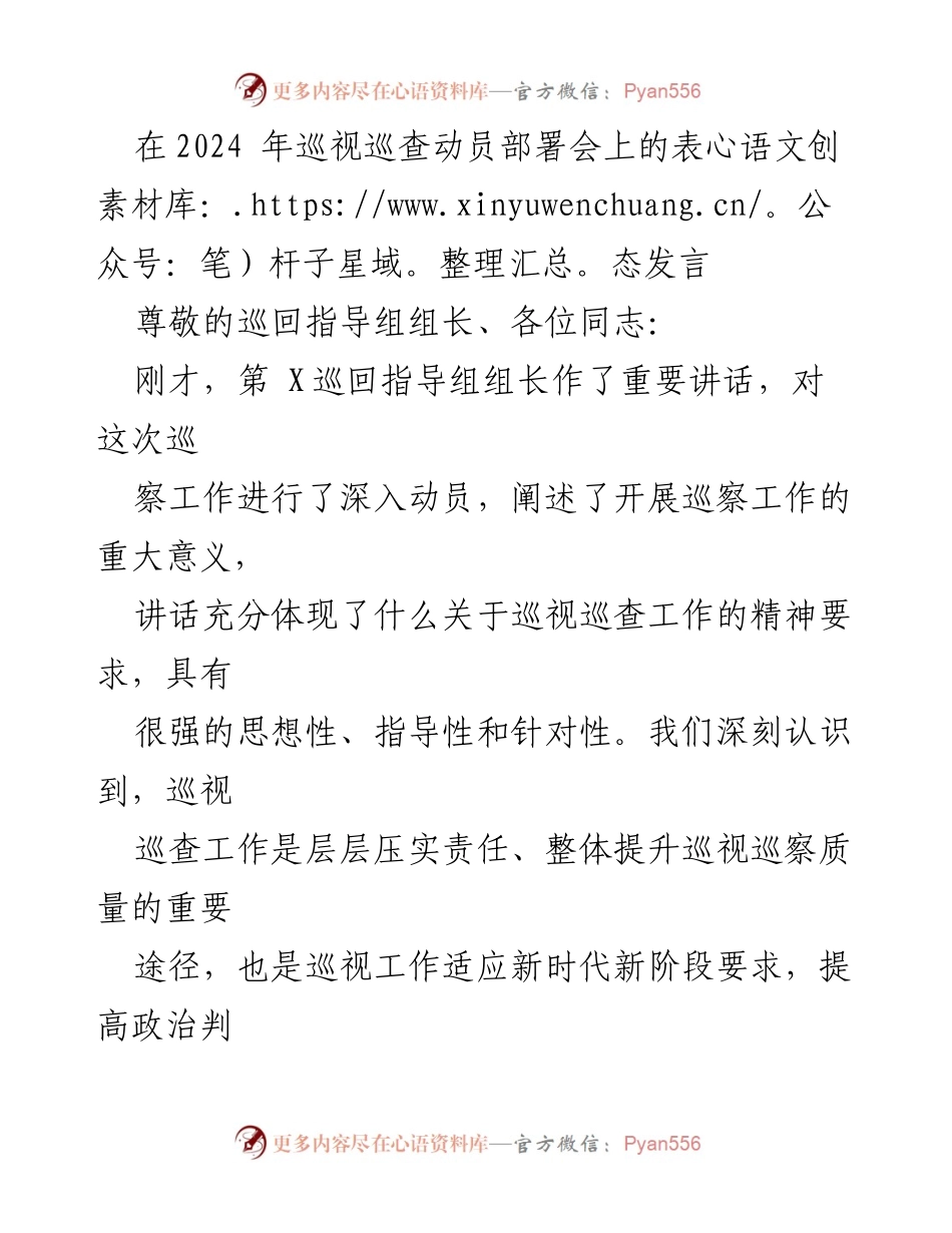 [发言] 巡视巡查动员部署会 - 加强政治责任，积极配合巡视巡查工作.docx_第1页