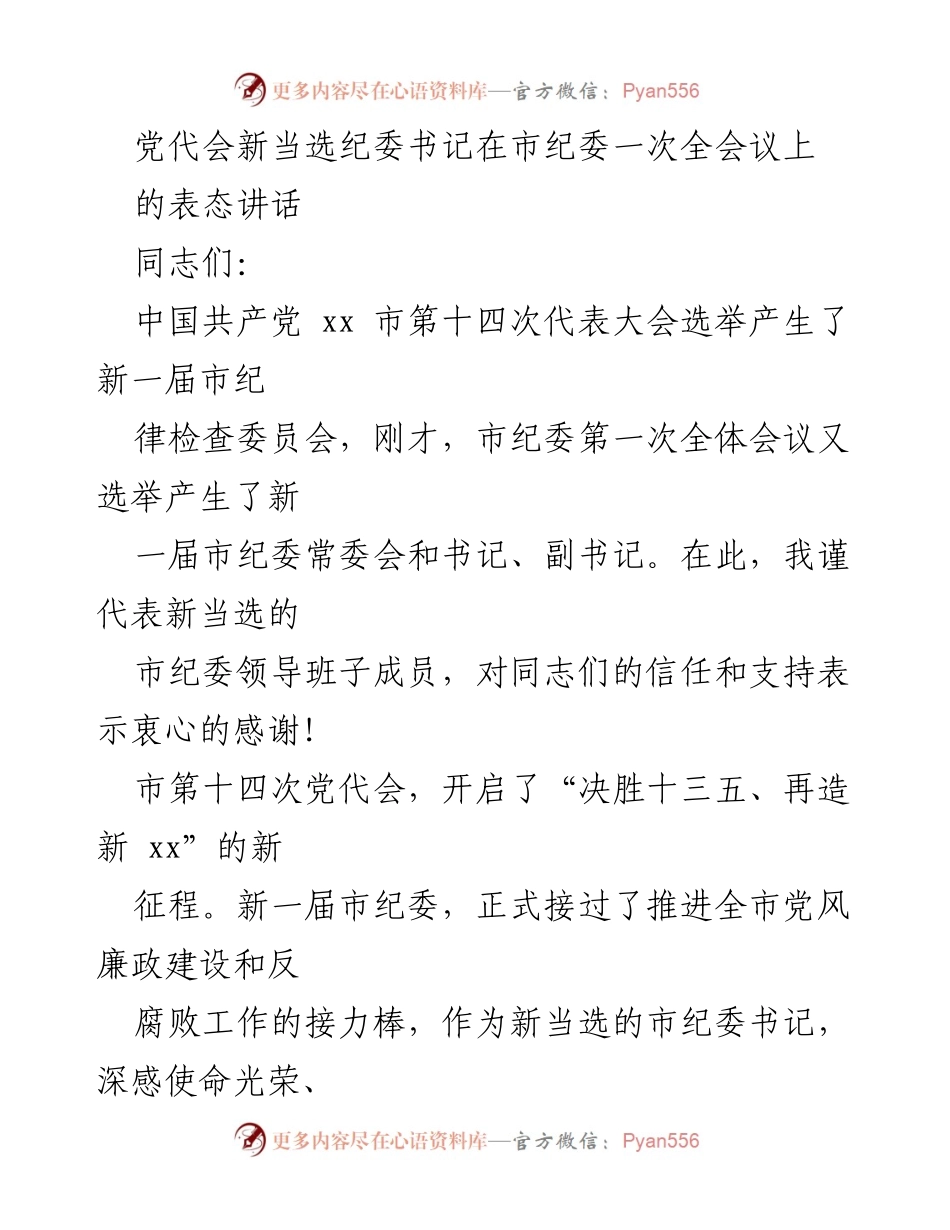 [发言] 市纪委全体会议 - 新当选纪委书记表态讲话：坚定信念，勇担使命.docx_第1页