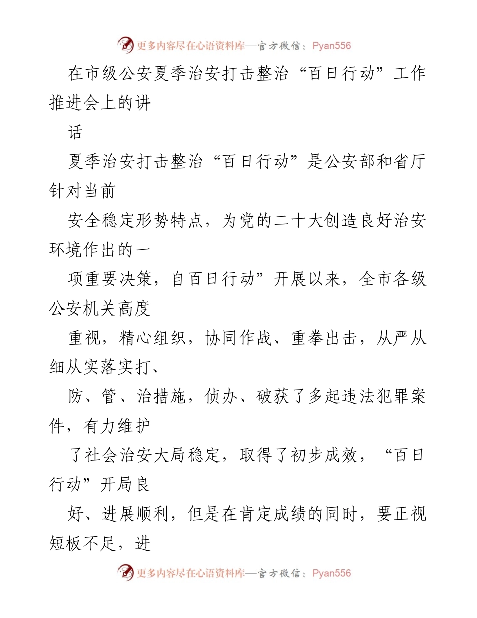 [发言] 市级公安夏季治安打击整治“百日行动”工作推进会 - 加强夏季治安打击整治，确保社会安全稳定.docx_第1页