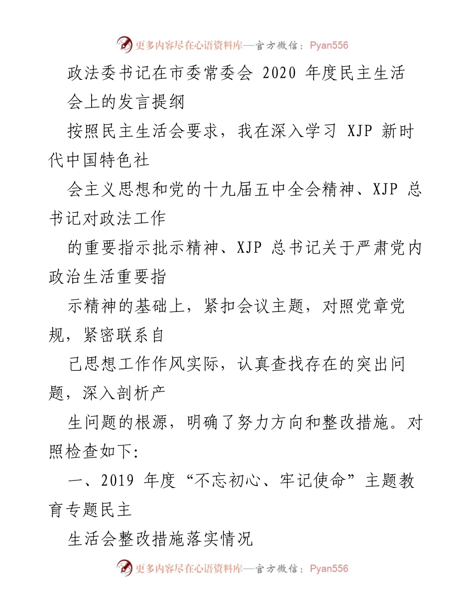 [发言] 市委常委会 - 政法工作整改措施与民主生活会发言提纲.docx_第1页