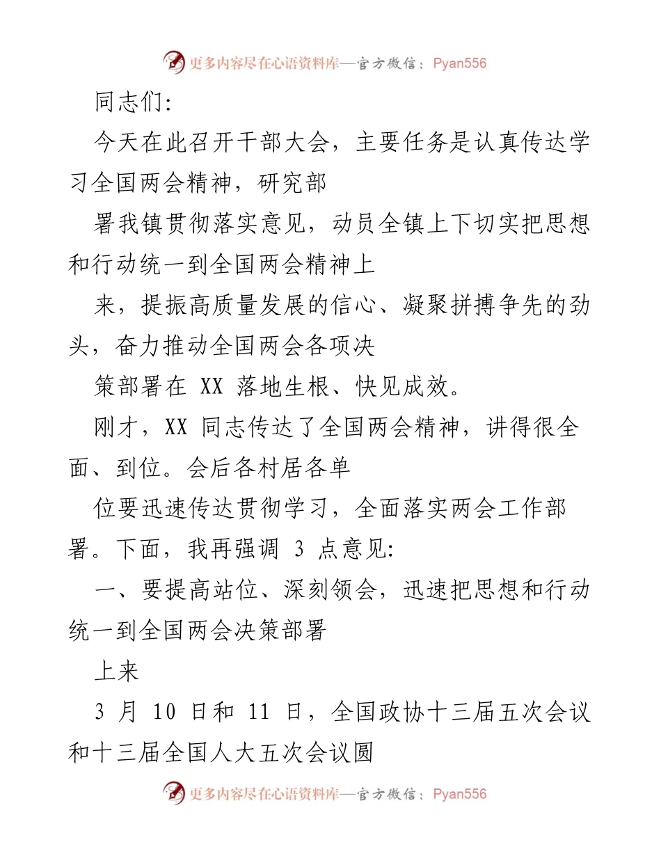 [发言] 干部大会 - 深入学习全国两会精神，推动高质量发展.docx_第1页