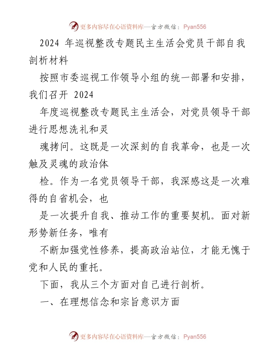 [发言] 巡视整改专题民主生活会 - 党员干部自我剖析与反思.docx_第1页