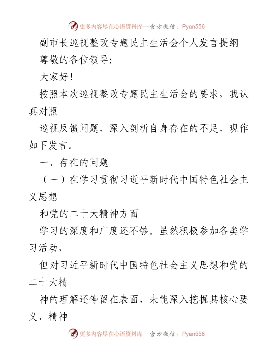 [发言] 巡视整改专题民主生活会 - 剖析自身不足，推动整改落实.docx_第1页