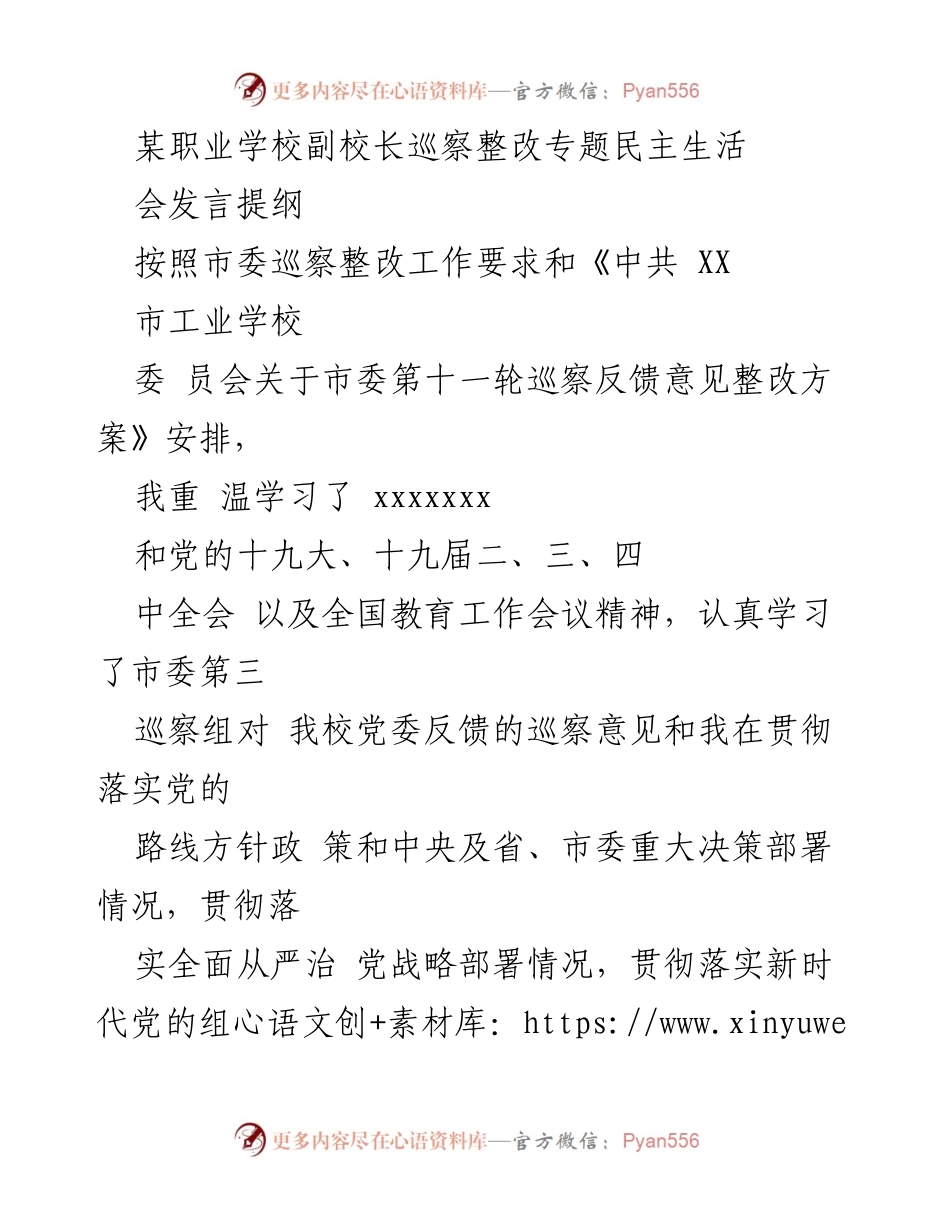 [发言] 巡察整改专题民主生活会 - 深入反思与整改：职业学校副校长的发言提纲.docx_第1页