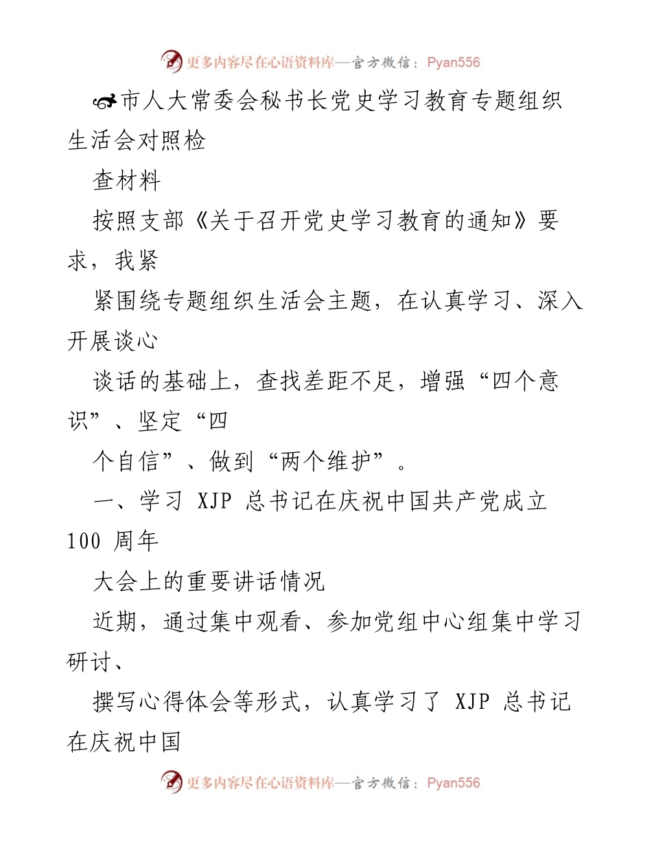 [发言] 市人大常委会党史学习教育专题组织生活会 - 深入学习总书记讲话，坚定初心使命.docx_第1页