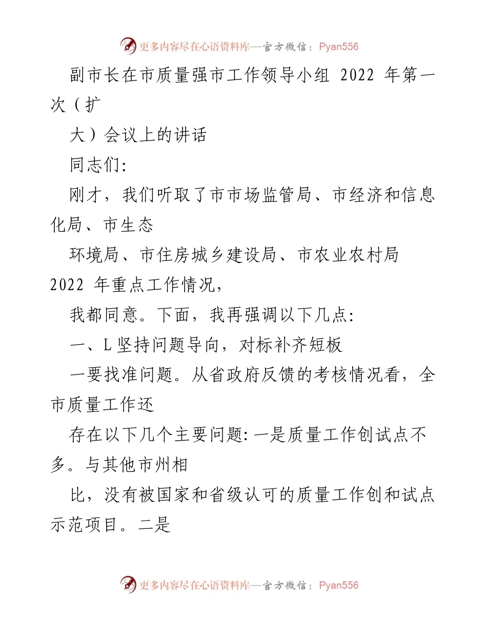 [发言] 市质量强市工作领导小组会议 - 副市长在2022年质量强市工作会议上的讲话.docx_第1页