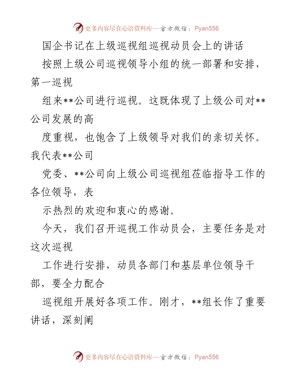 [发言] 巡视动员会 - 国企书记在巡视动员会上的讲话.docx_第1页