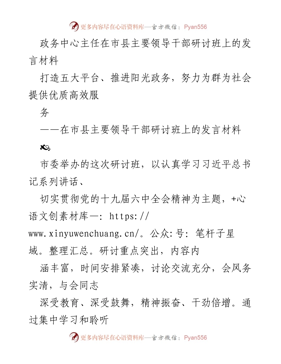 [发言] 市县主要领导干部研讨班 - 推动阳光政务，提升政务服务效率.docx_第1页