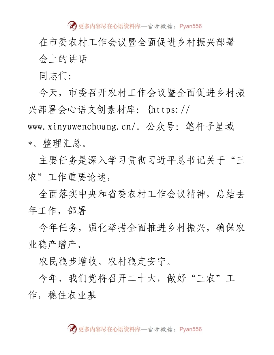 [发言] 市委农村工作会议 - 深入贯彻“三农”工作 促进乡村振兴.docx_第1页