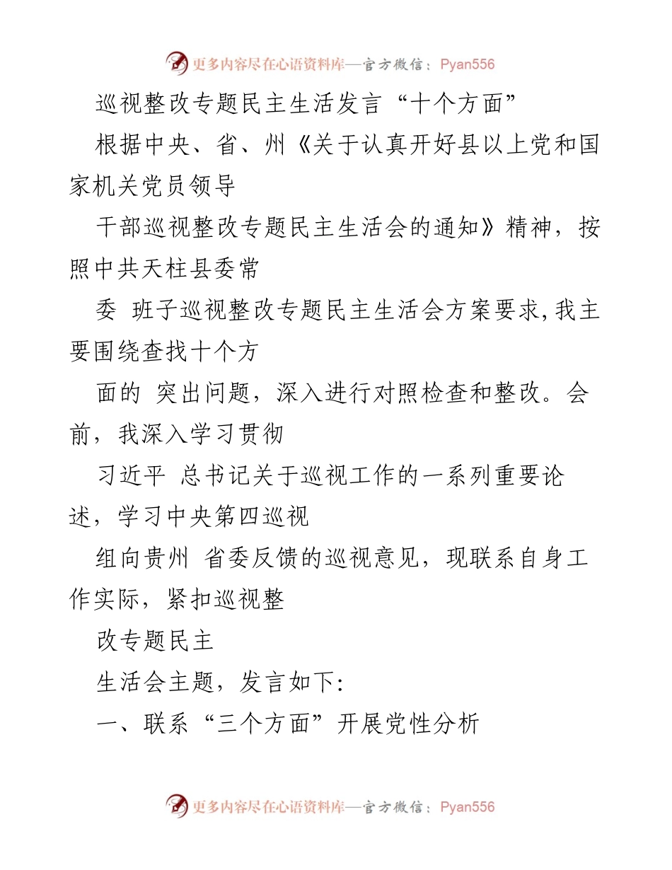 [发言] 巡视整改专题民主生活会 - 深入查摆突出问题，落实巡视整改要求.docx_第1页