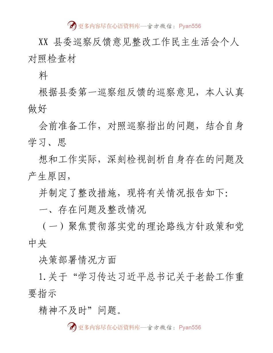 [发言] 巡察整改工作会议 - 巡察反馈意见整改工作个人对照检查材料总结.docx_第1页