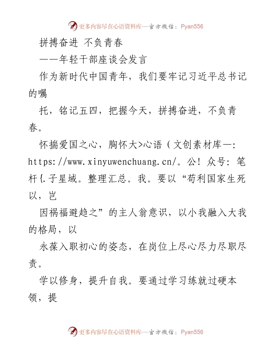 [发言] 年轻干部座谈会 - 拼搏奋进，不负青春.docx_第1页