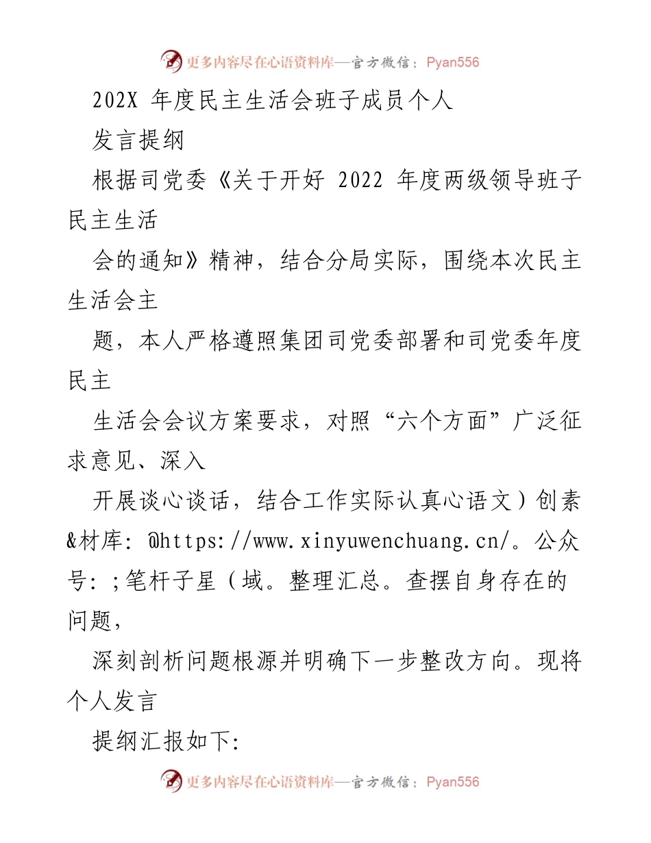 [发言] 年度民主生活会 - 202X年度民主生活会个人发言提纲.docx_第1页