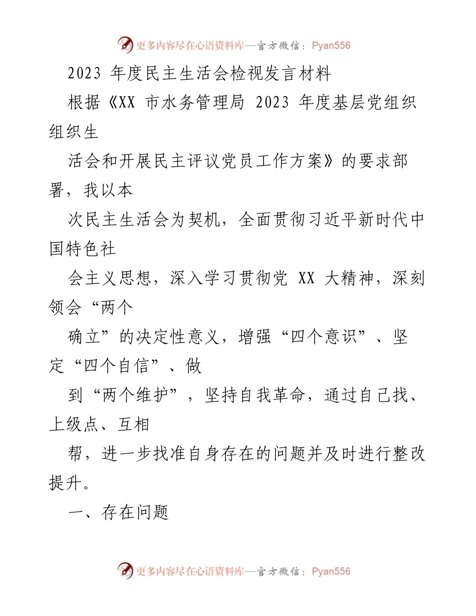 [发言] 年度民主生活会 - 2023年度民主生活会检视发言材料.docx_第1页