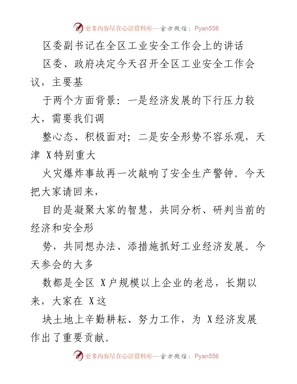 [发言] 工业安全工作会议 - 区委副书记关于工业安全与经济发展的讲话.docx_第1页