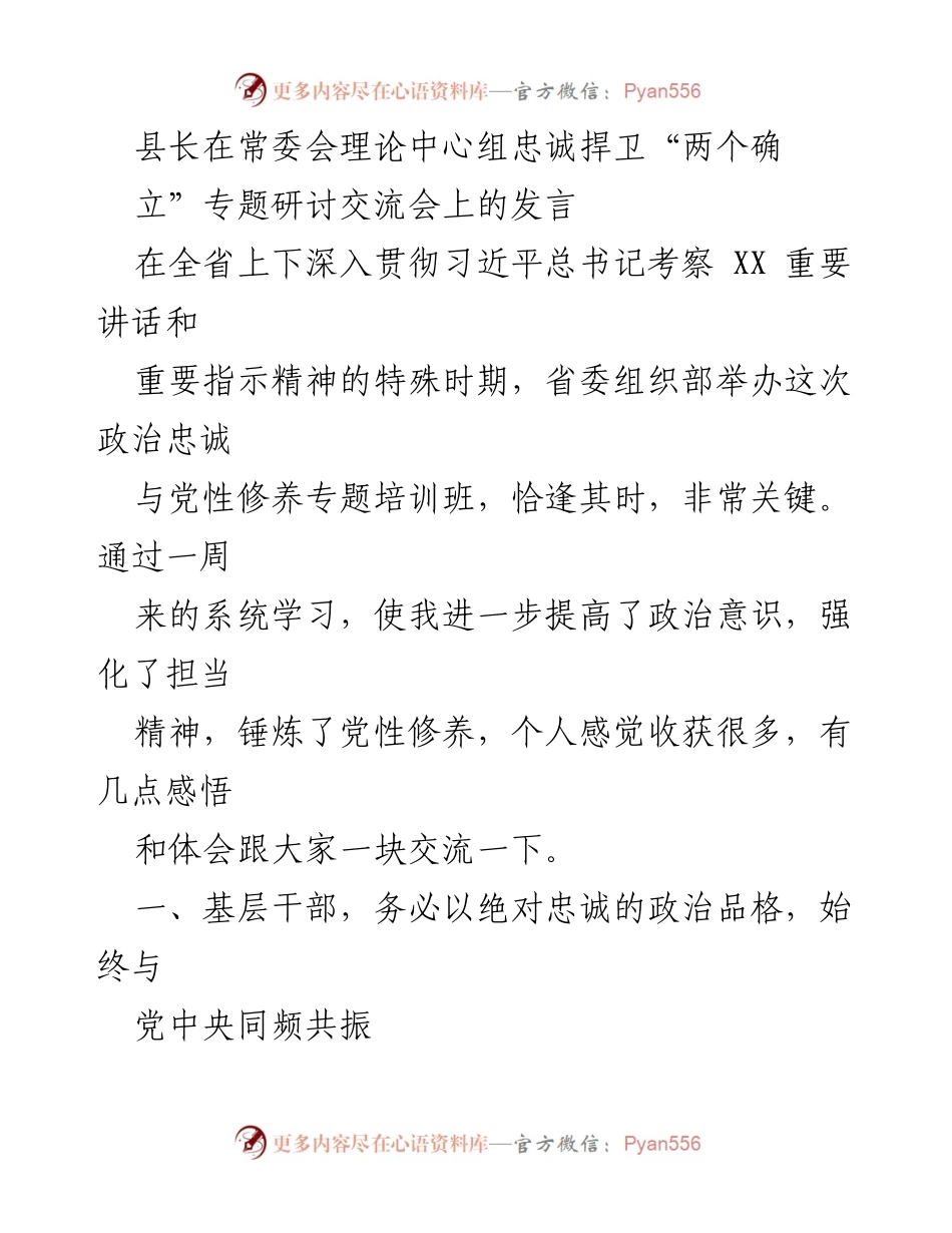 [发言] 常委会理论中心组研讨会 - 忠诚捍卫“两个确立”：基层干部的政治担当与斗争精神.docx_第1页