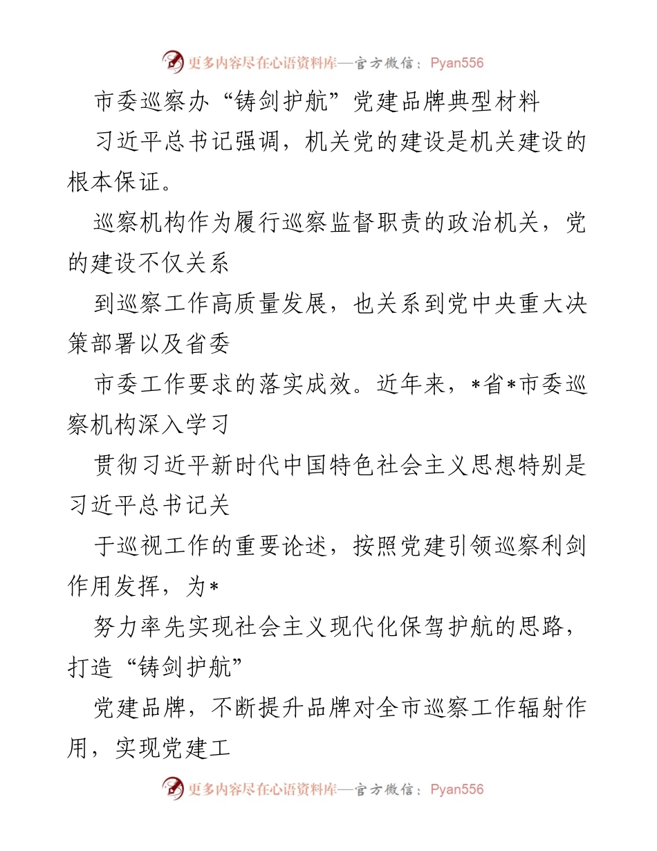 [发言] 市委巡察办会议 - “铸剑护航”党建品牌建设经验分享.docx_第1页