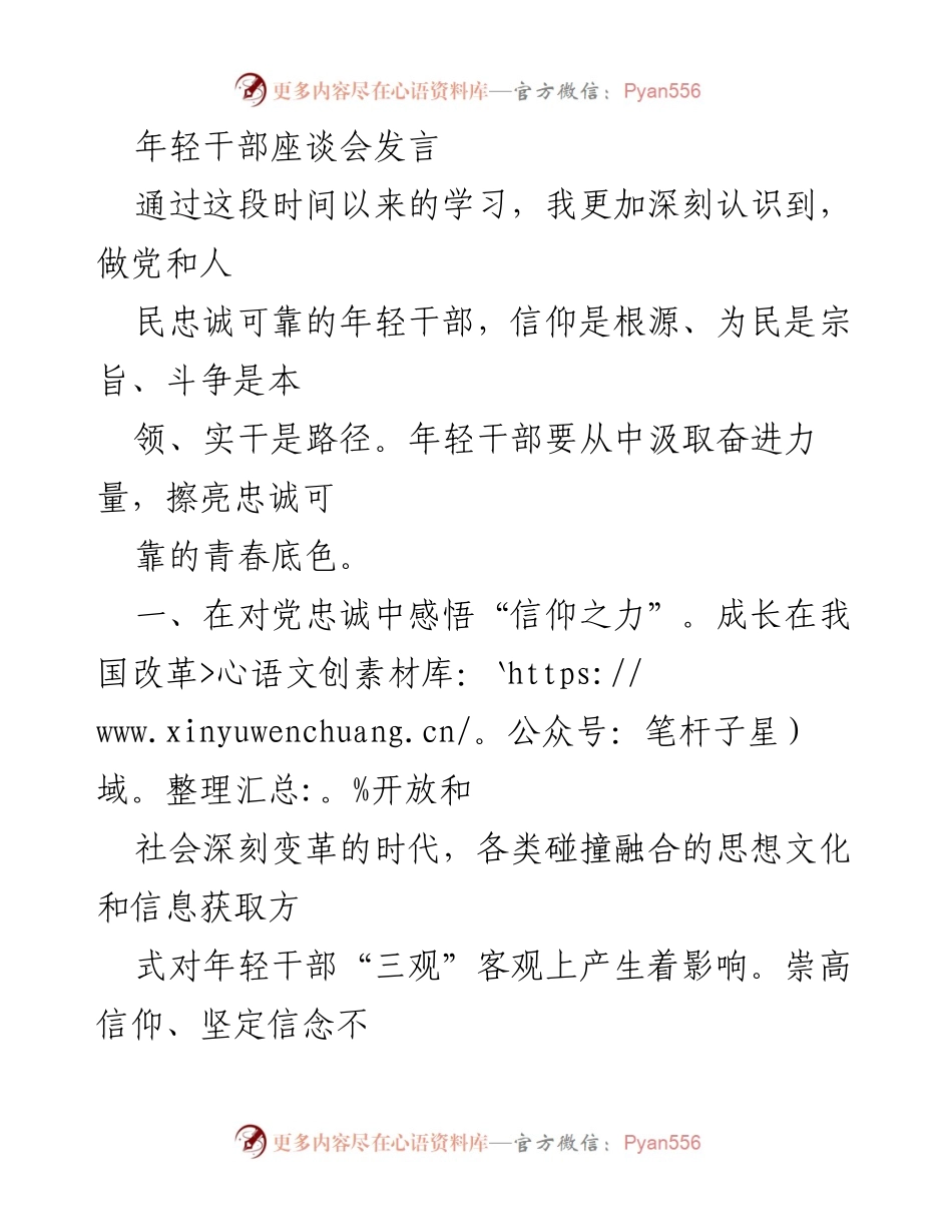 [发言] 年轻干部座谈会 - 做忠诚可靠的年轻干部：信仰、为民、斗争与实干.docx_第1页