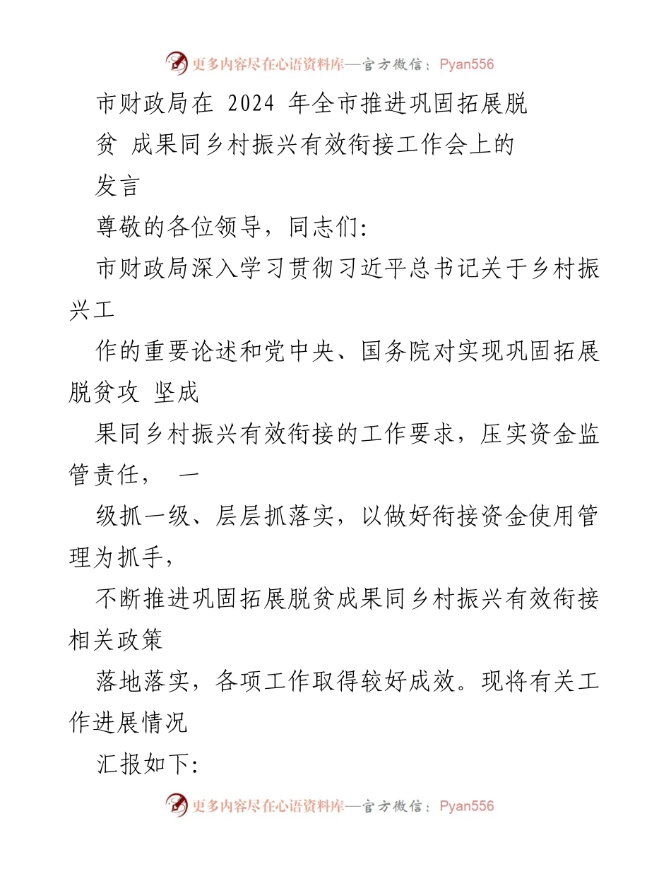 [发言] 工作会议 - 加强资金管理，推进乡村振兴与脱贫成果有效衔接.docx_第1页