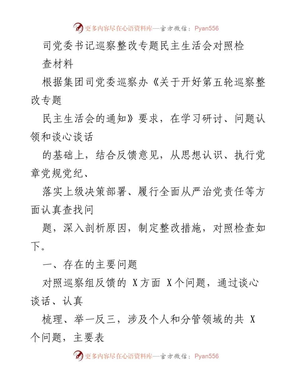 [发言] 巡察整改专题民主生活会 - 巡察整改问题对照检查及整改措施分析.docx_第1页