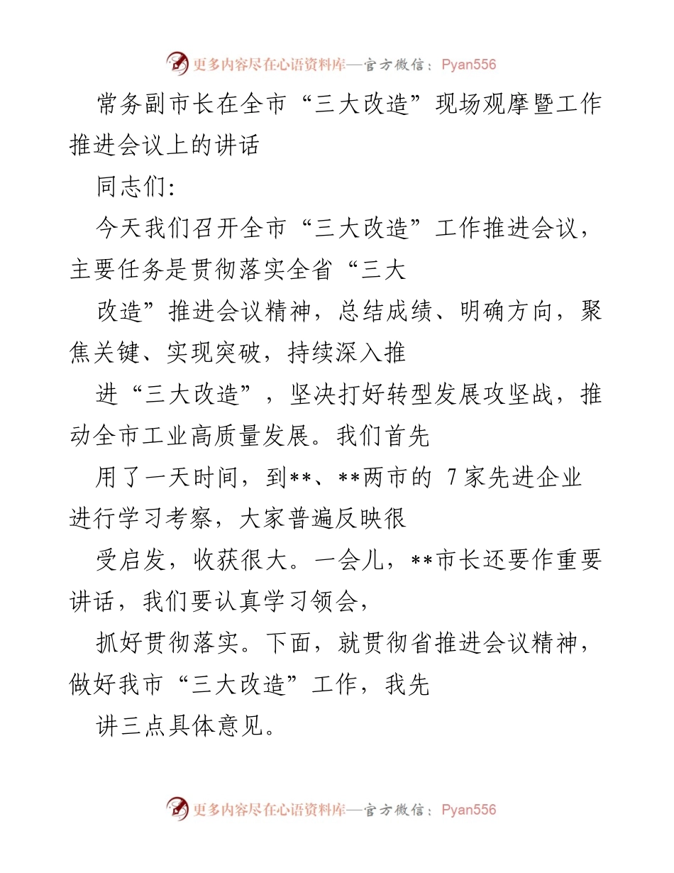 [发言] 工作推进会议 - 常务副市长关于全市“三大改造”工作的讲话.docx_第1页
