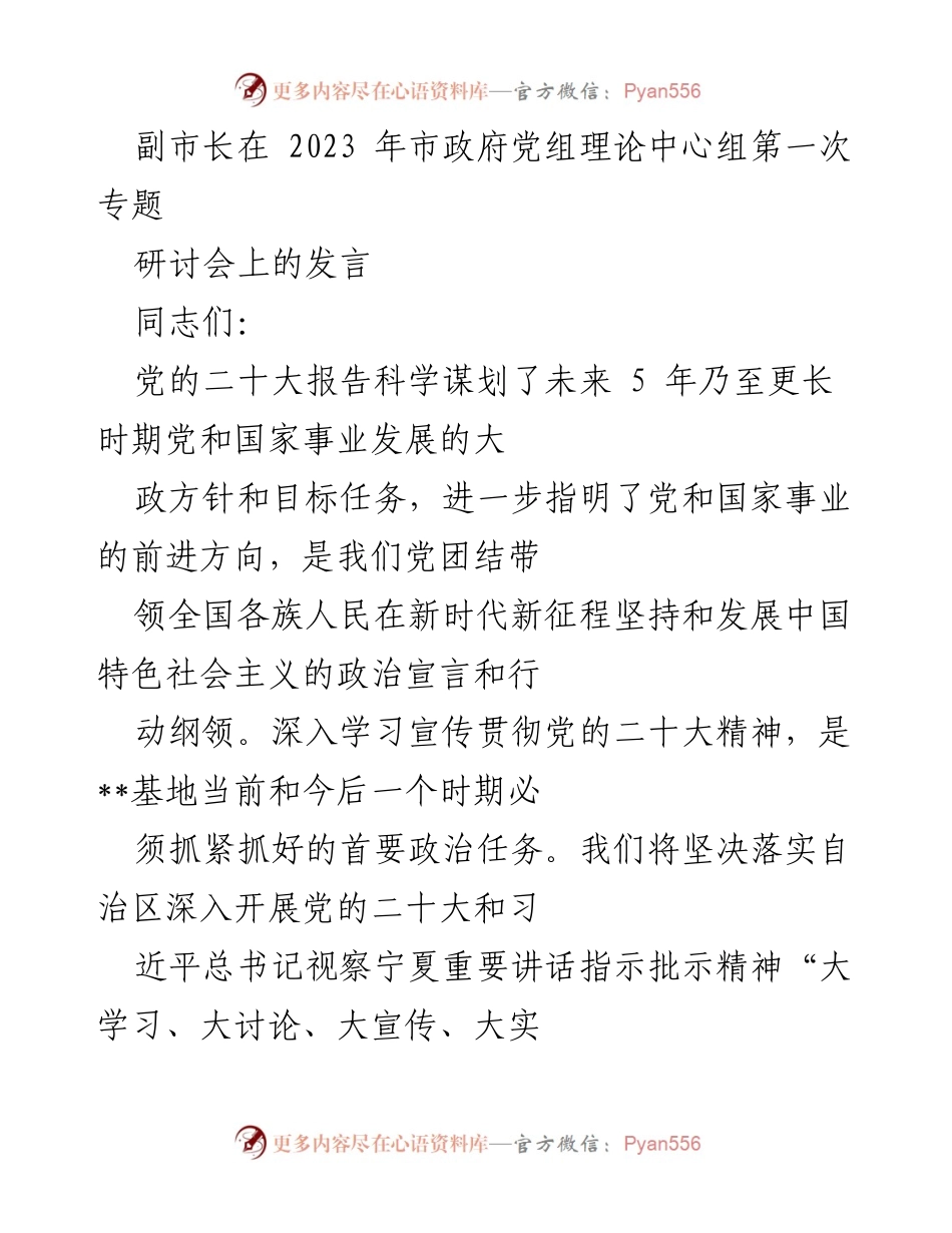[发言] 市政府党组理论中心组专题研讨会 - 深入学习贯彻党的二十大精神，推动高质量发展.docx_第1页