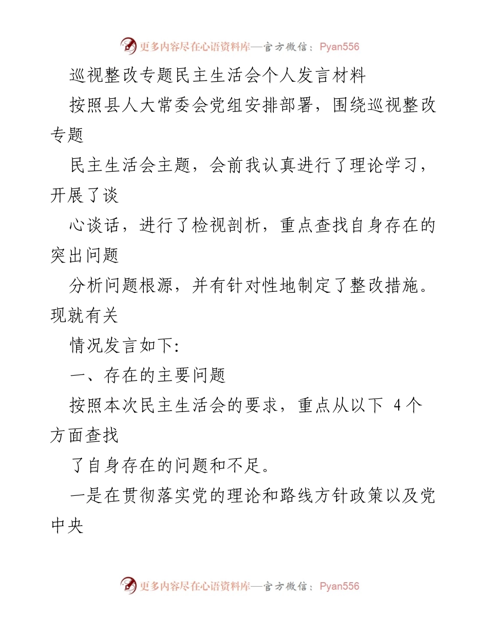 [发言] 巡视整改专题民主生活会 - 个体问题剖析与整改措施报告.docx_第1页