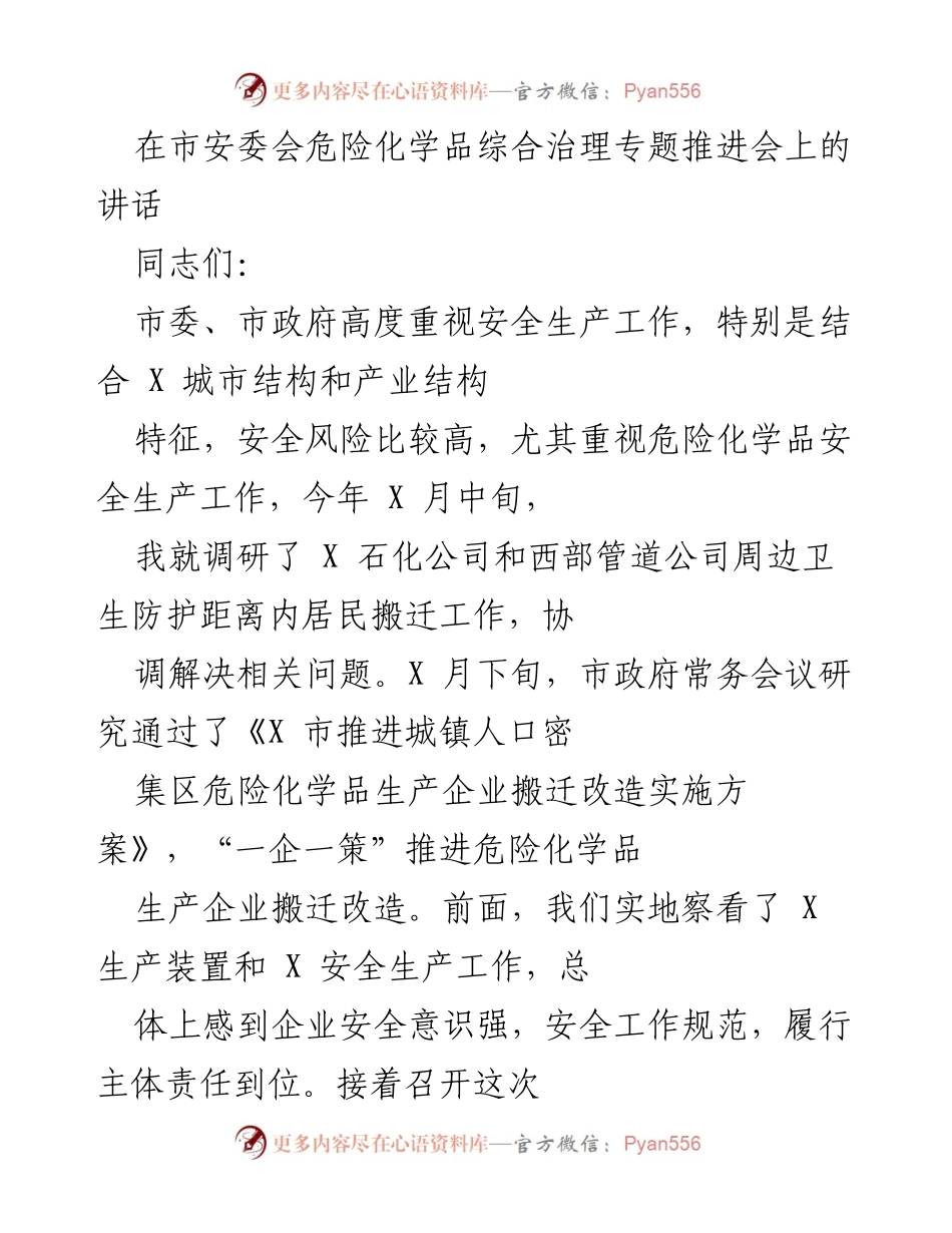 [发言] 市安委会危险化学品综合治理专题推进会 - 加强危险化学品安全生产工作，确保城市安全发展.docx_第1页