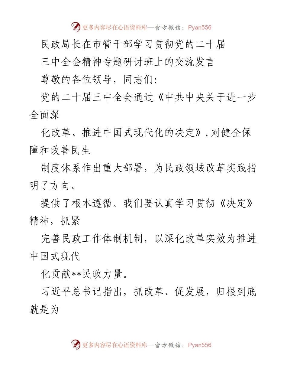 [发言] 市管干部学习贯彻党的二十届三中全会精神专题研讨班 - 深化改革推动民政事业高质量发展.docx_第1页