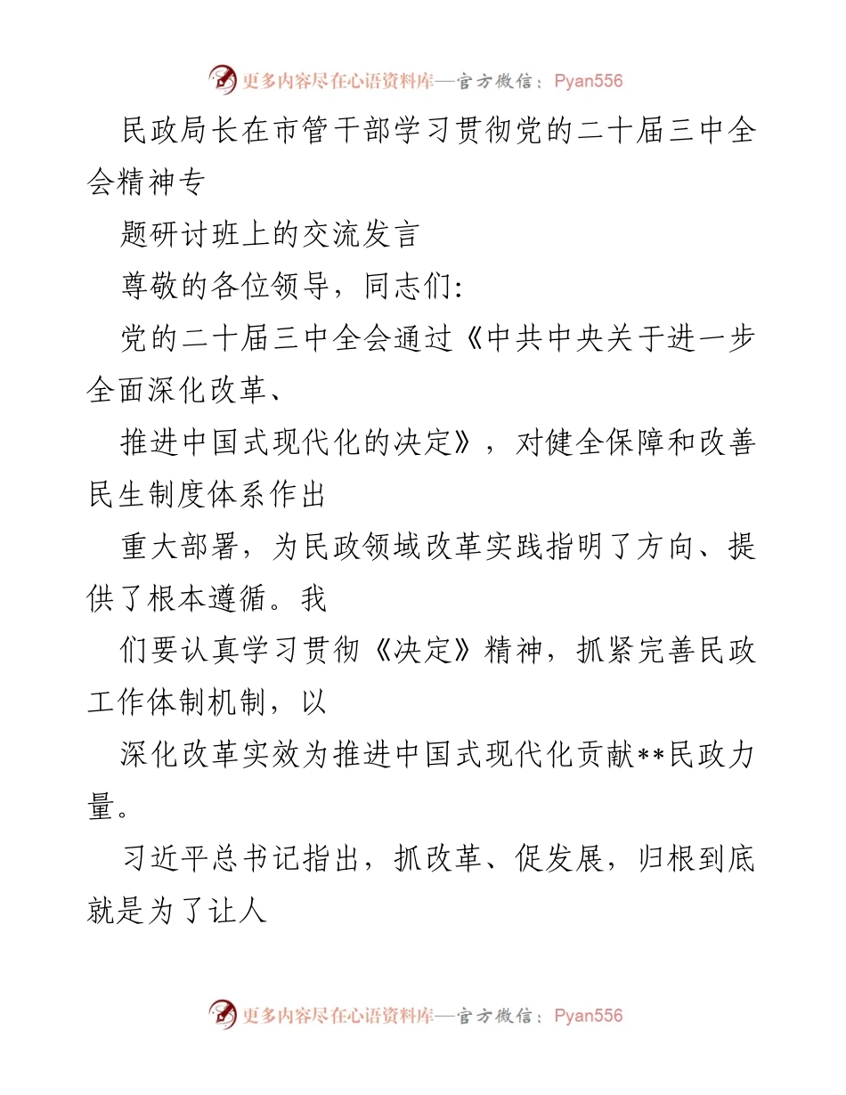 [发言] 市管干部学习贯彻党的二十届三中全会精神专题研讨班 - 深化民政改革，推动中国式现代化发展.docx_第1页