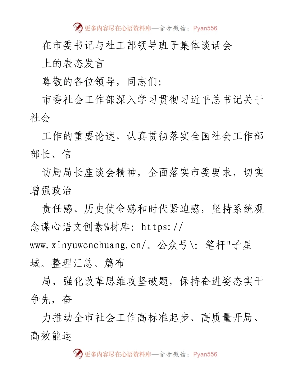 [发言] 市委书记与社工部领导班子集体谈话会 - 推动社会工作高质量发展的表态发言.docx_第1页