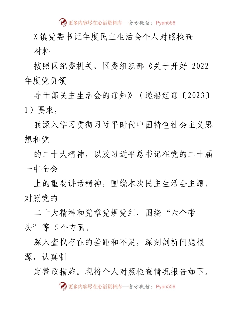 [发言] 年度民主生活会 - X镇党委书记年度民主生活会个人对照检查报告.docx_第1页