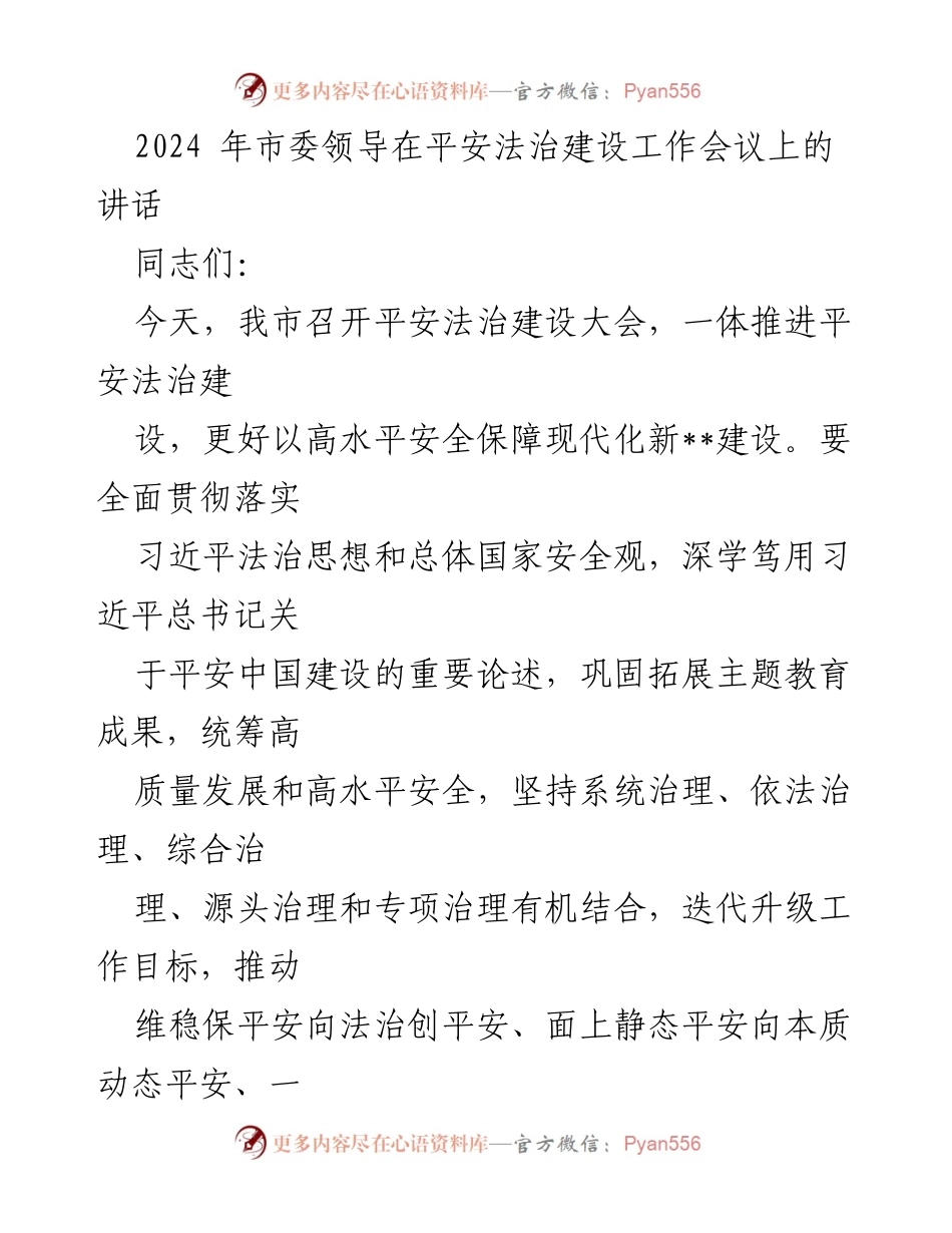 [发言] 平安法治建设工作会议 - 市委领导讲话：推动高水平安全保障现代化新建设.docx_第1页