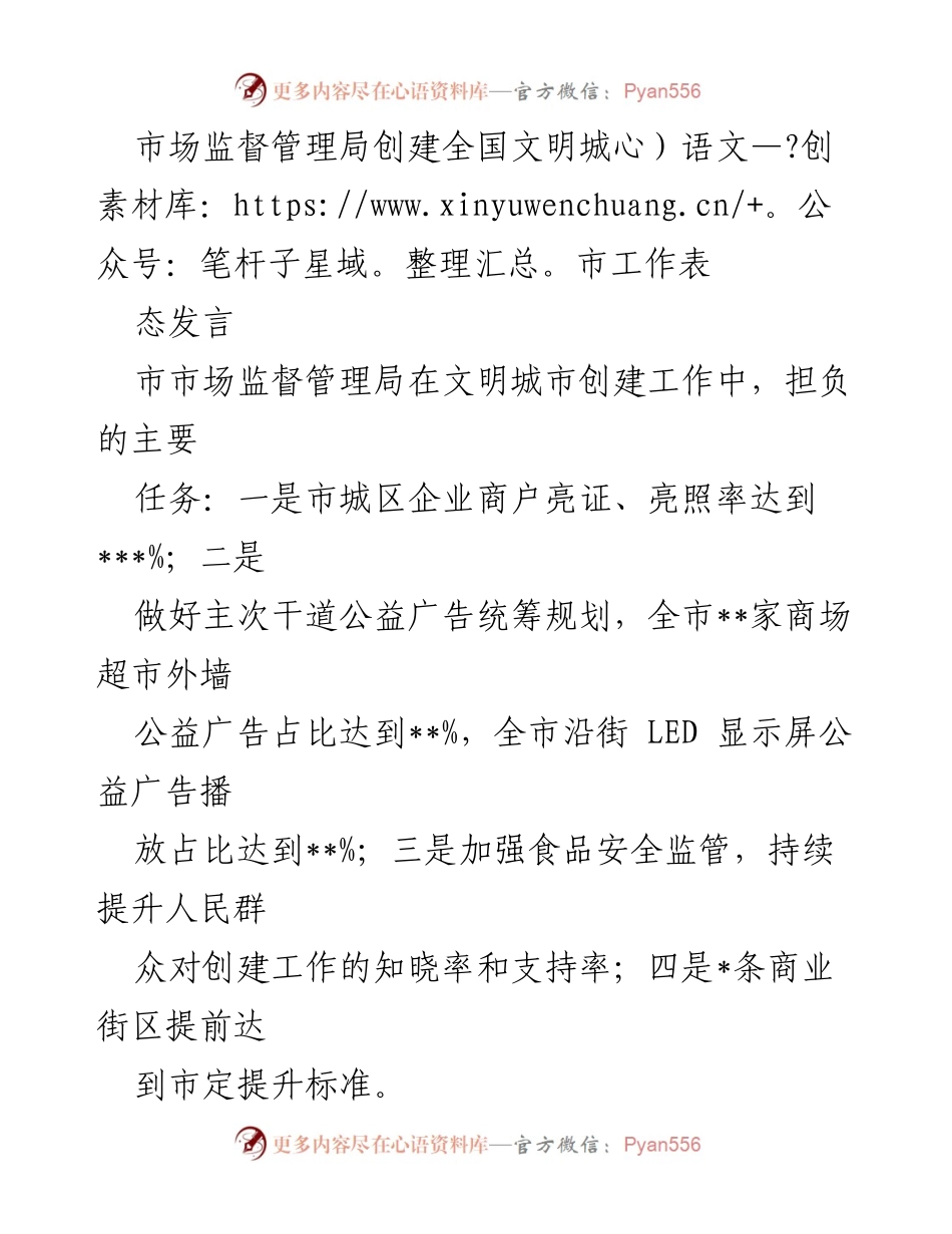 [发言] 市市场监督管理局会议 - 加强食品安全与公益广告推进全国文明城市创建工作.docx_第1页