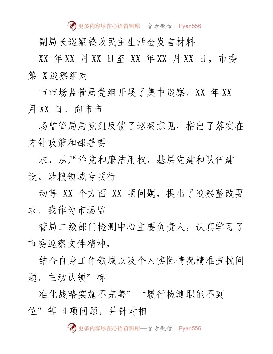 [发言] 巡察整改民主生活会 - 副局长巡察整改发言材料分析与整改措施.docx_第1页