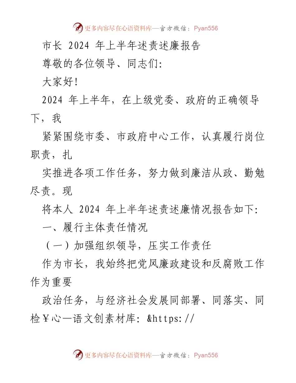 [发言] 市政府领导会议 - 2024年上半年市长述责述廉报告.docx_第1页