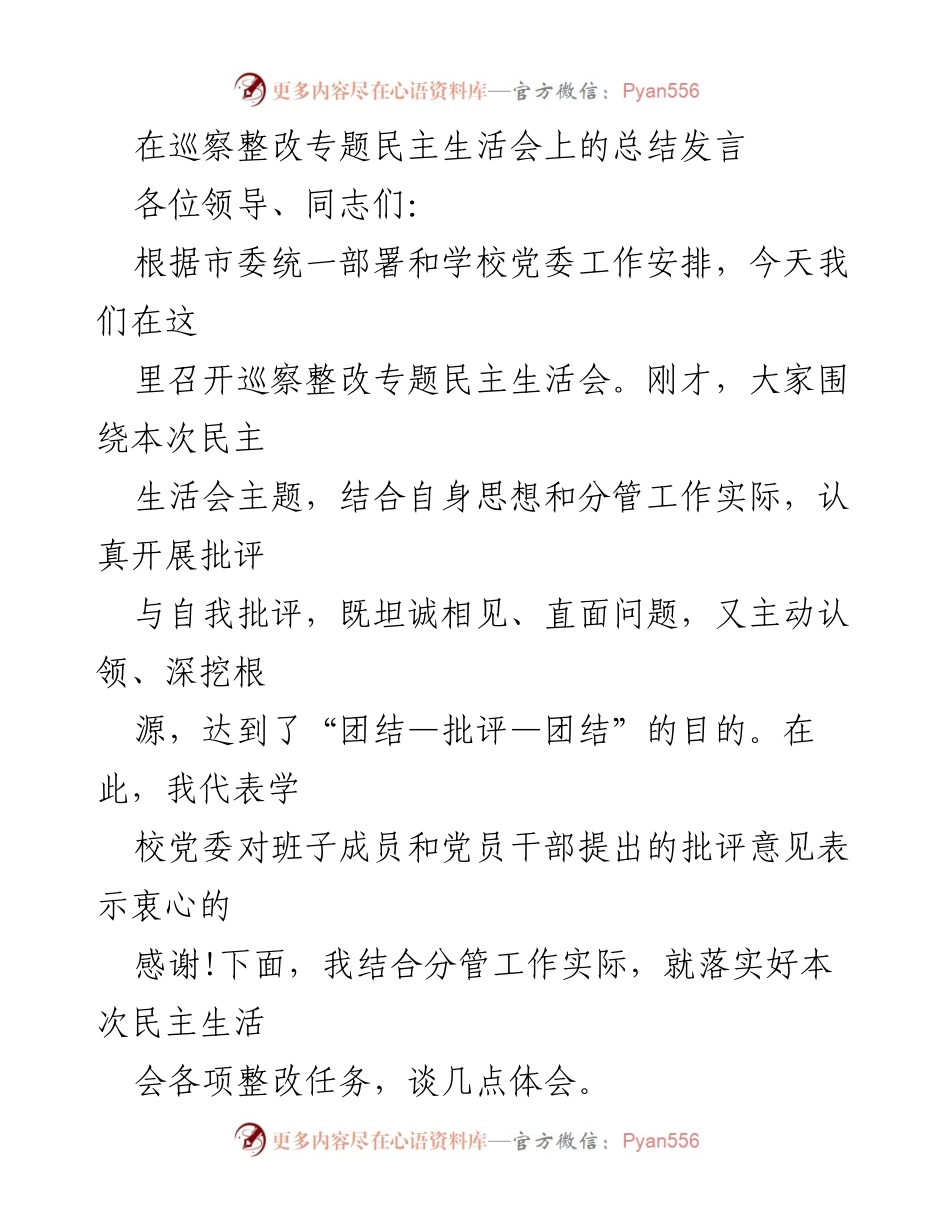 [发言] 巡察整改专题民主生活会 - 深化思想认识，落实整改任务_1.docx_第1页