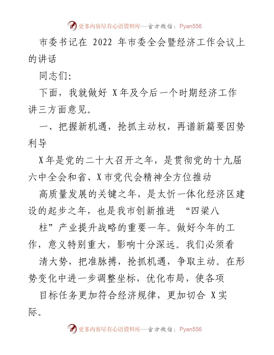[发言] 市委全会暨经济工作会议 - 把握机遇，推动高质量发展新篇.docx_第1页