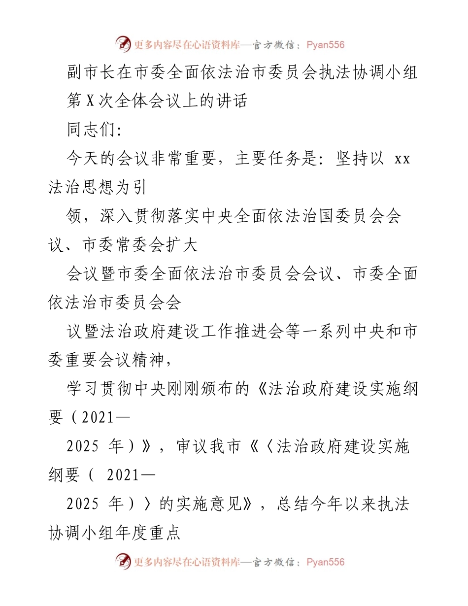 [发言] 市委全面依法治市委员会执法协调小组全体会议 - 副市长讲话：推进法治政府建设的新要求与措施.docx_第1页