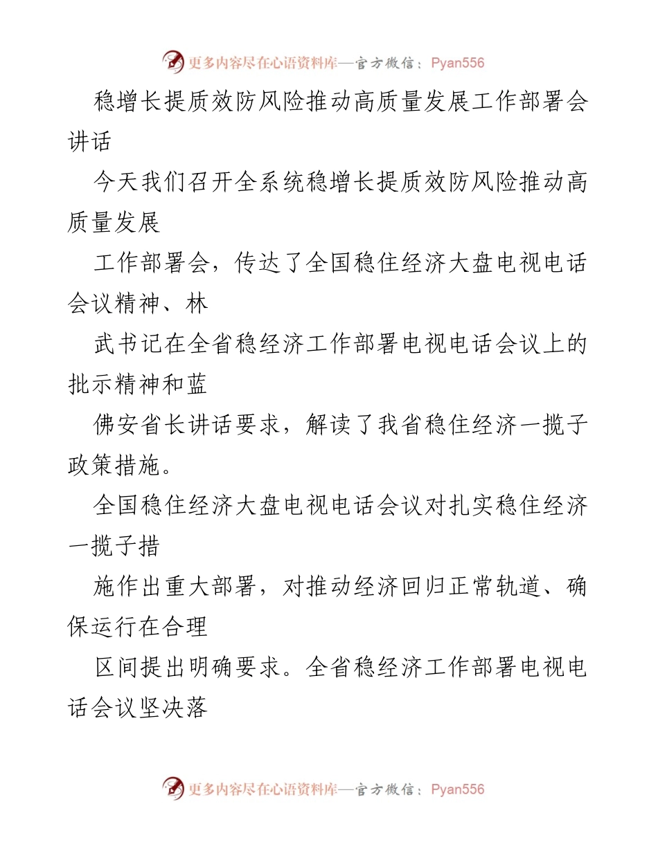 [发言] 工作部署会 - 稳增长提质效防风险，推动高质量发展工作部署解析.docx_第1页