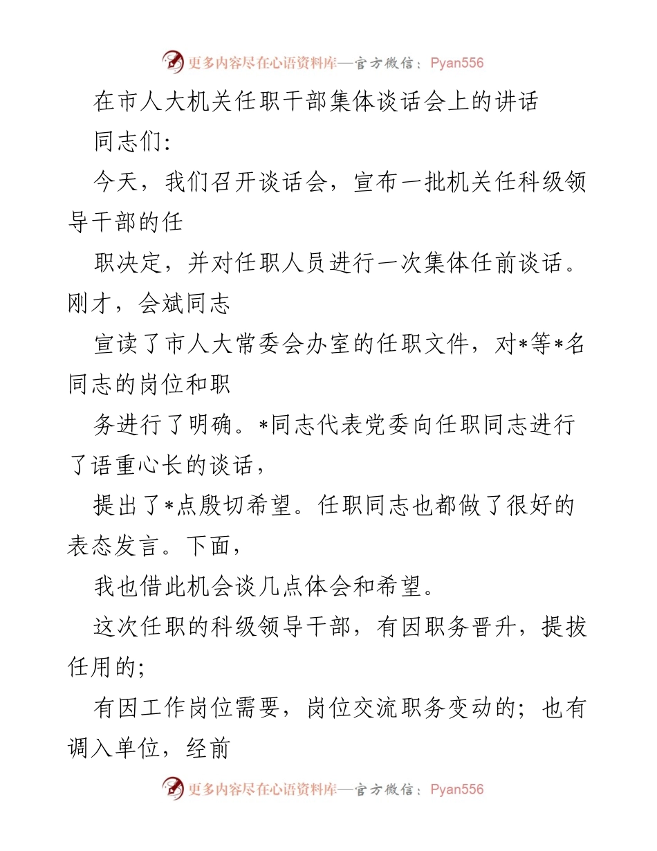 [发言] 市人大机关干部任职谈话会 - 强调责任与担当，激励新任干部履职尽责.docx_第1页