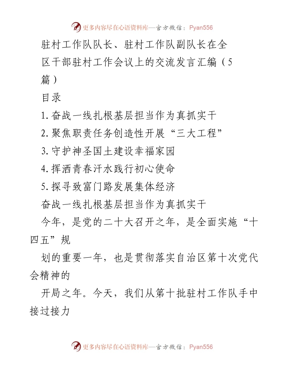 [发言] 干部驻村工作会议 - 奋斗一线，扎根基层，担当作为.docx_第1页