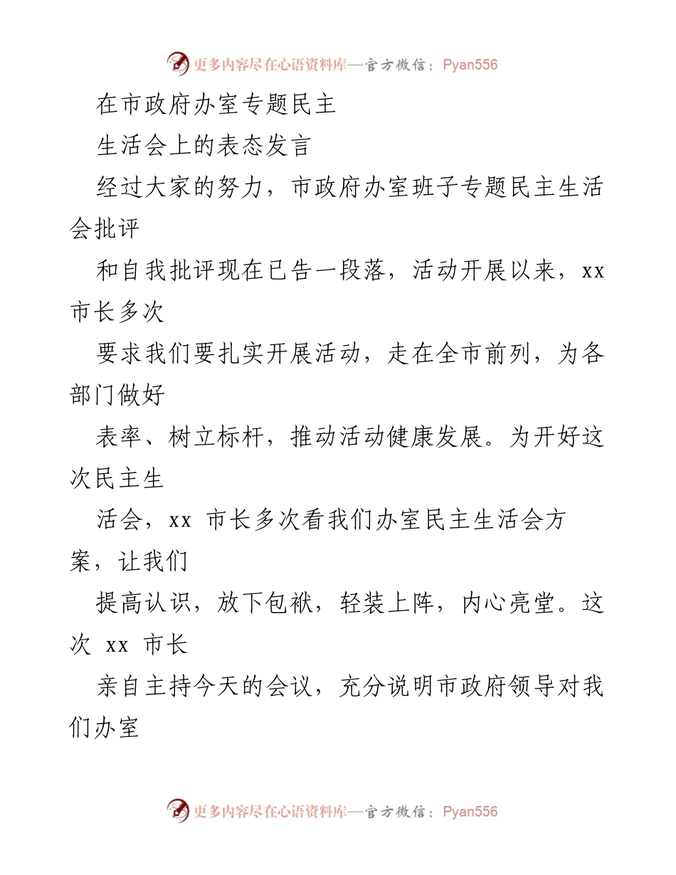 [发言] 市政府办室专题民主生活会 - 加强理论学习与班子建设，推动整改落实与制度完善.docx_第1页