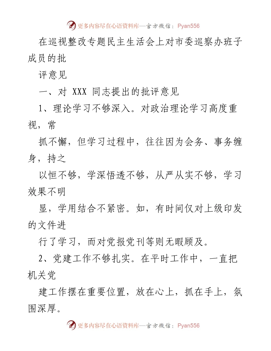 [发言] 巡视整改专题民主生活会 - 对市委巡察办班子成员的批评意见总结_1.docx_第1页