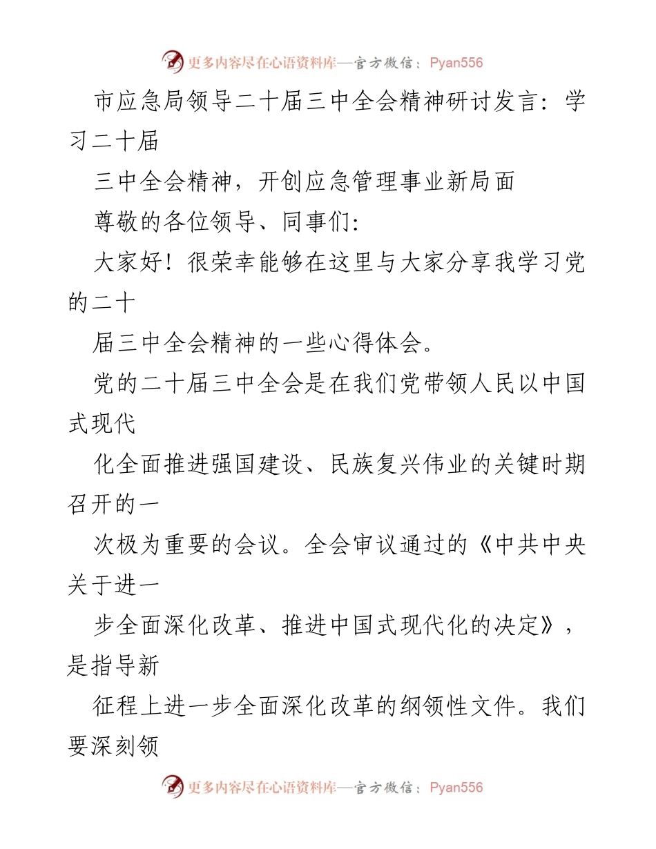 [发言] 市应急局领导研讨会 - 学习党的二十届三中全会精神，推动应急管理改革.docx_第1页