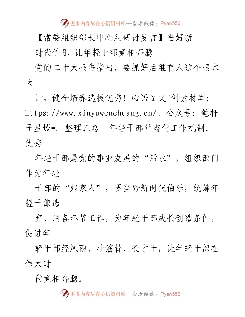[发言] 常委组织部长中心组研讨 - 当好新时代伯乐，助力年轻干部成长.docx_第1页